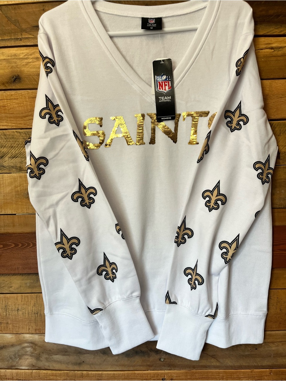 Women's Cuce White New Orleans Saints Sequin Fleece V-Neck T-Shirt Size M - Picture 2 of 7